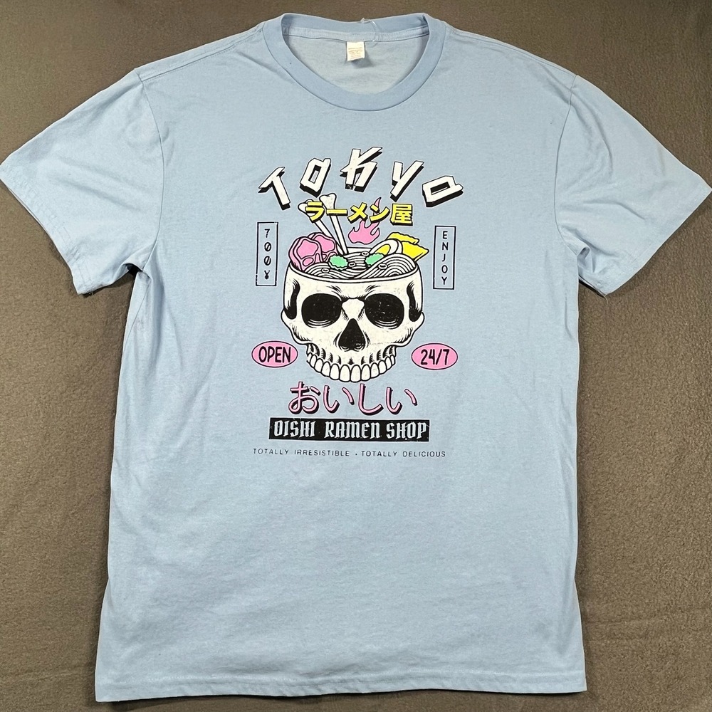 Tokyo Oishi Ramen Shop‎ T-Shirt Skull Graphic Print Short Sleeve Top L